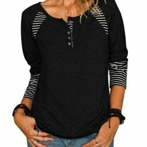 Estampados Women's Black Striped Long-Sleeve Round Neck Casual Tee Size 2XL